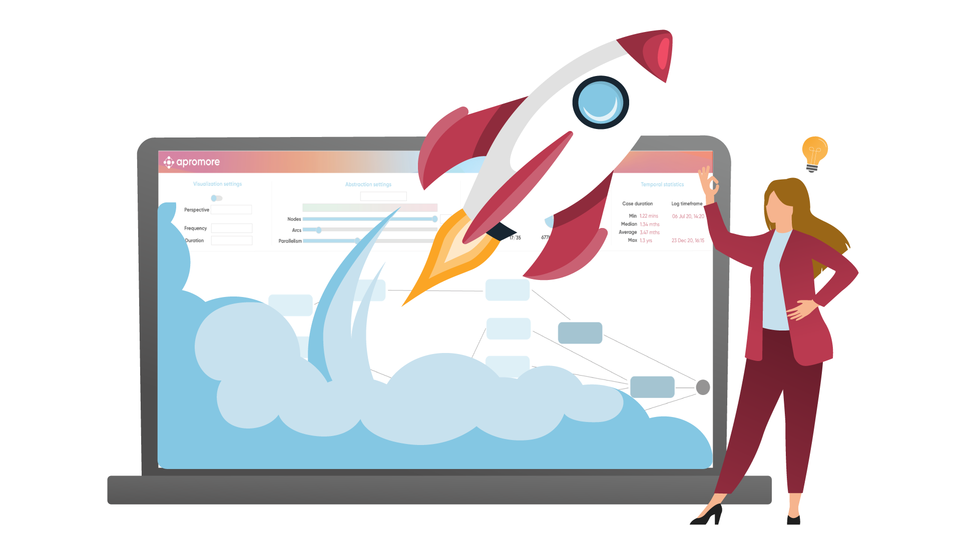 Vector image of a woman standing near a laptop with a rocket on it
