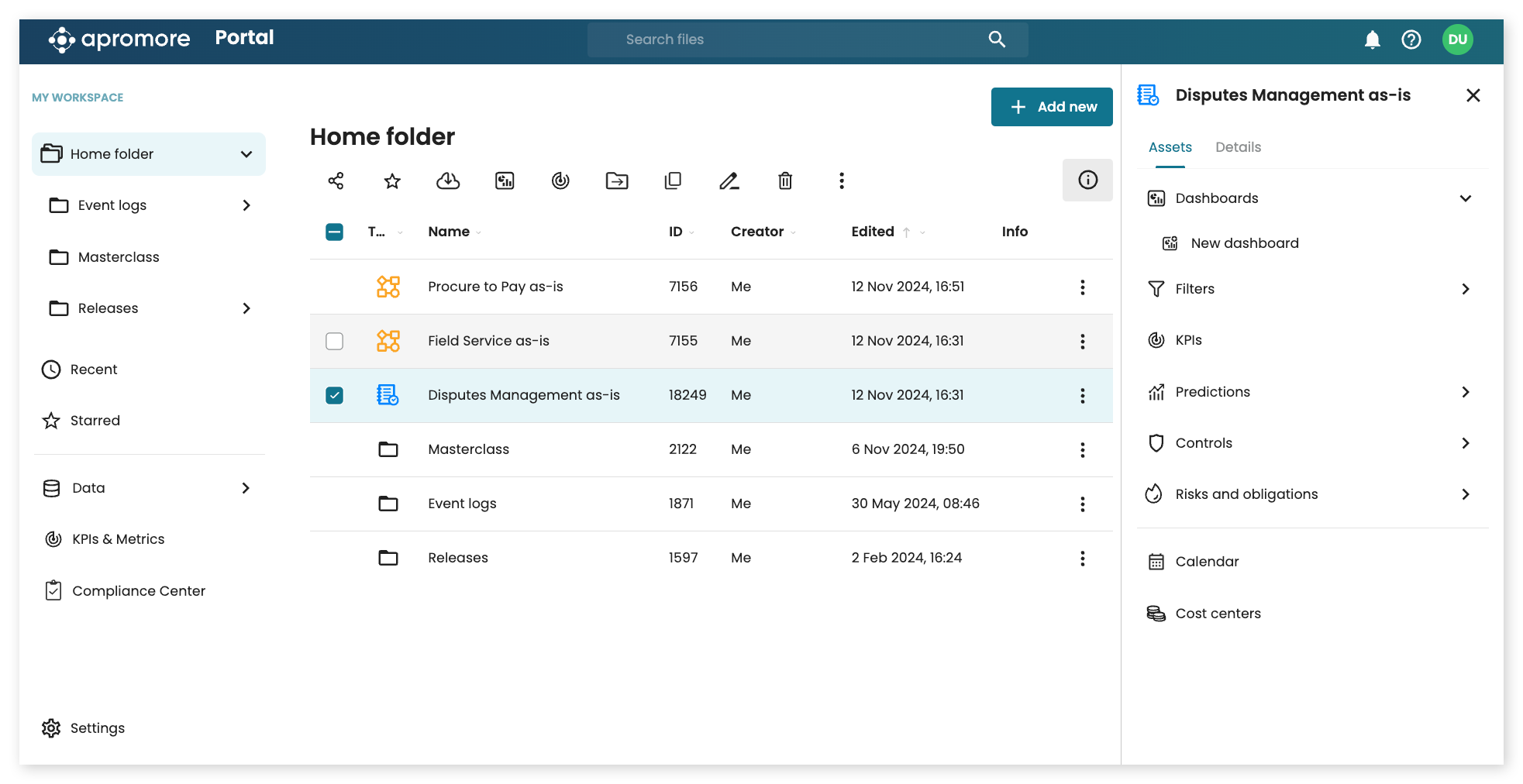 Shared workspace of process models and logs