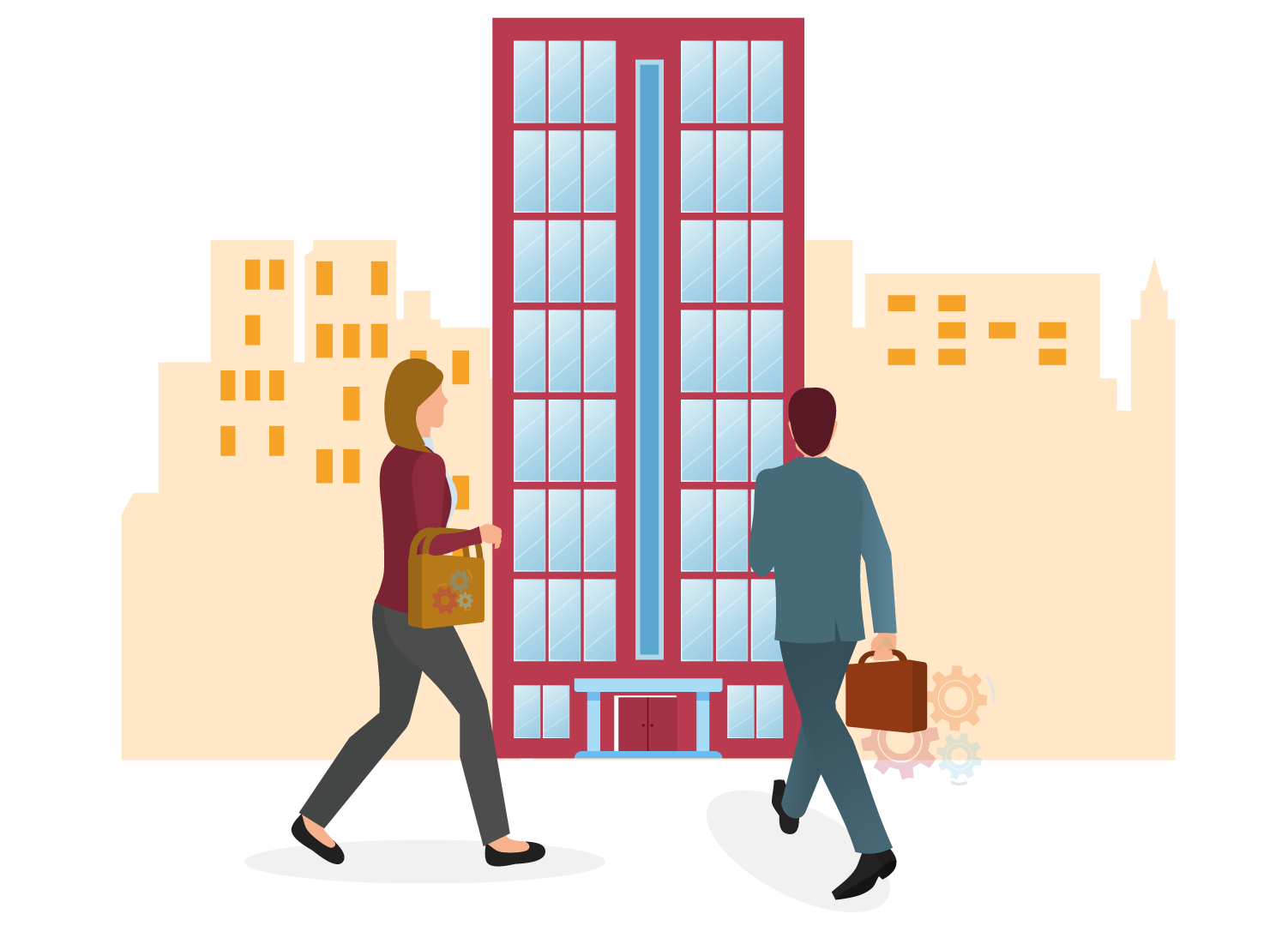 Vector image of a man and woman walking in front of a building